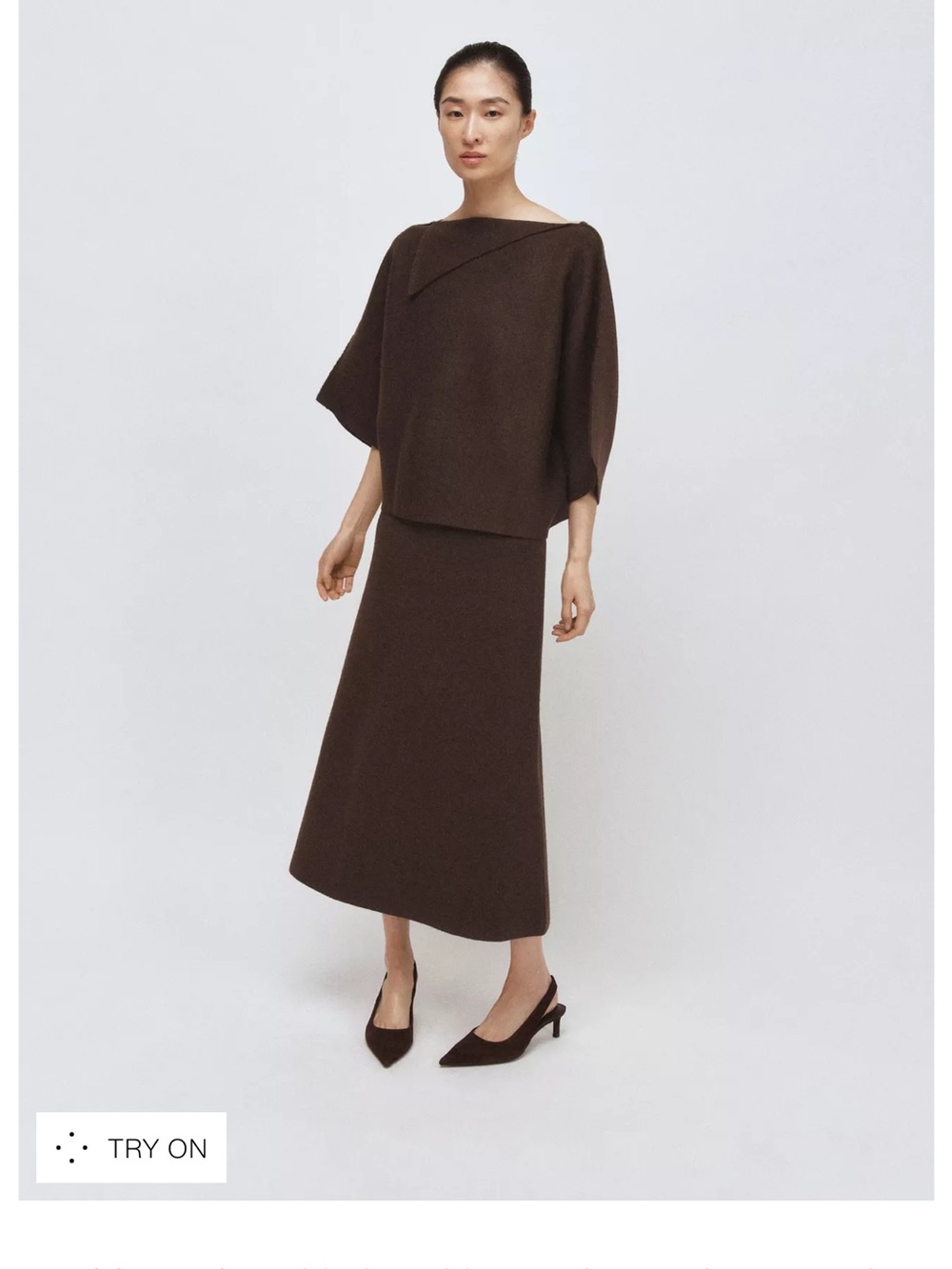 Zara Dark Brown LAPEL COLLAR KNIT JUMPER (N) & Midi Knit Skirt (S) Set NWT
